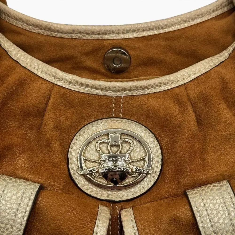 Kathy Van Zeeland Y2K Brown Faux Suede Hobo Bag Gold Crown Studded Purse